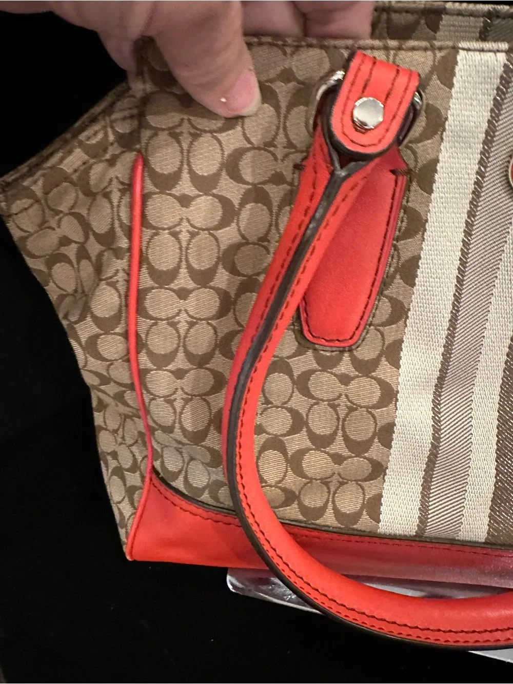 Coach Cadence Legacy Signature Carryall Canvas Tote with Coral Red Leather Trim - Picture 11 of 15